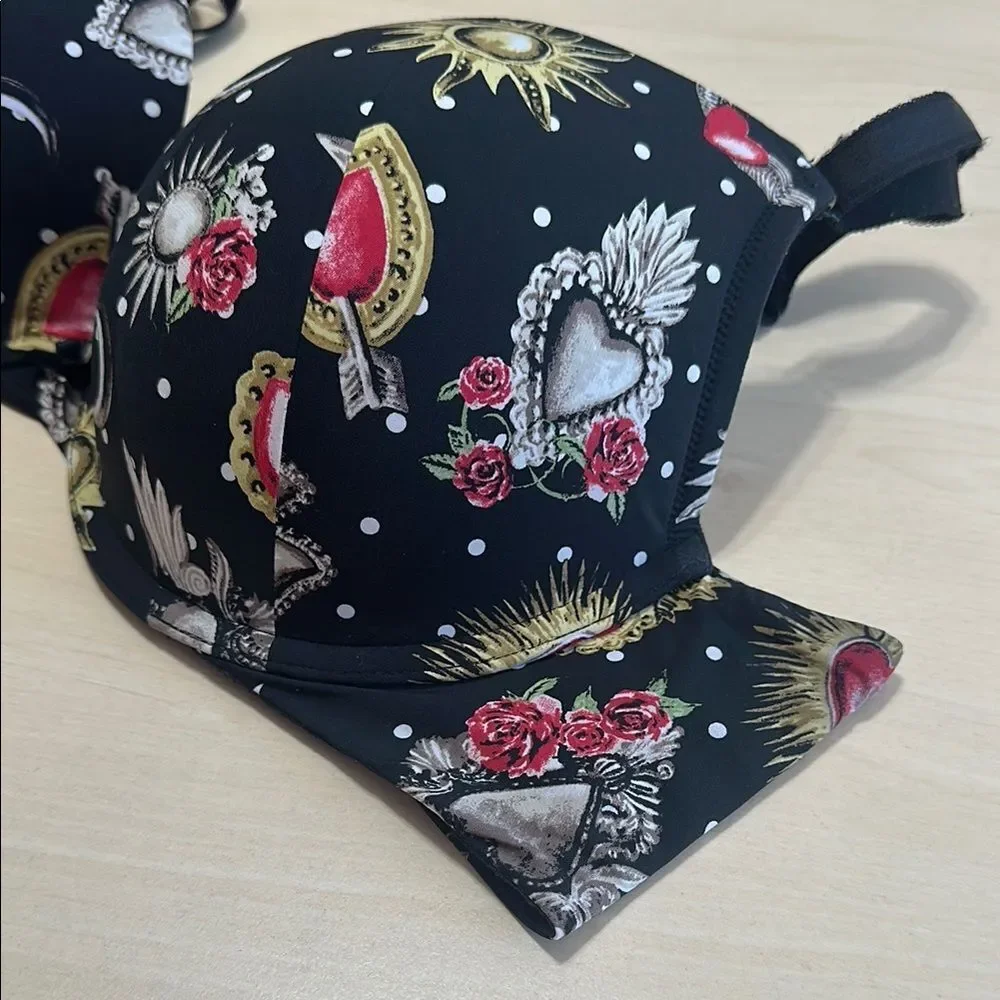 Torrid Curve Plunge Bra Black Celestial Print Plus Size 40D Push Up |‎ G-1617